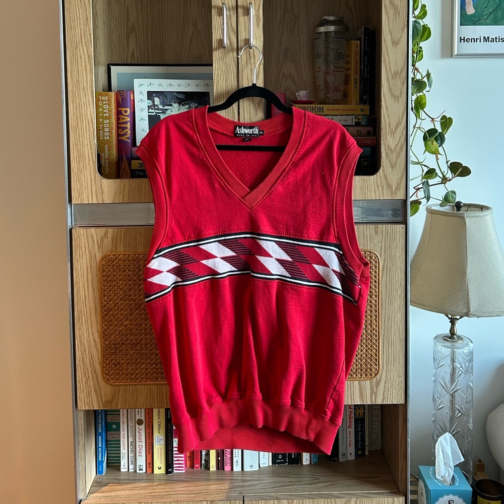 Vintage Ashworth Red Sweater - Oversized Vest Retro Preppy Golf Knit 90s Argyle